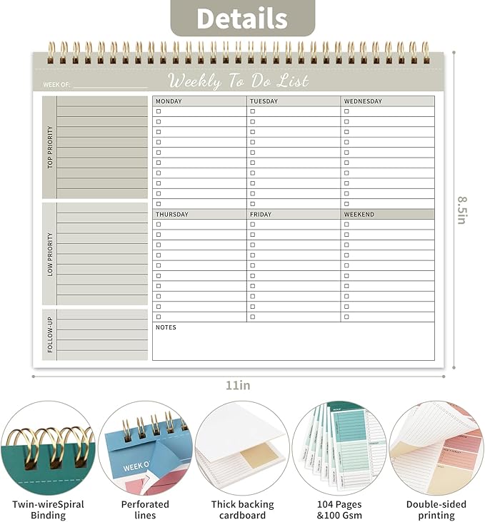 Weekly To Do List Notepad, 52 Undated Sheets (8.5"×11") Duplex-printed Daily Planner For Work Home School Office Desk Accessories Supplies & Goal Setting Tasks - Beige