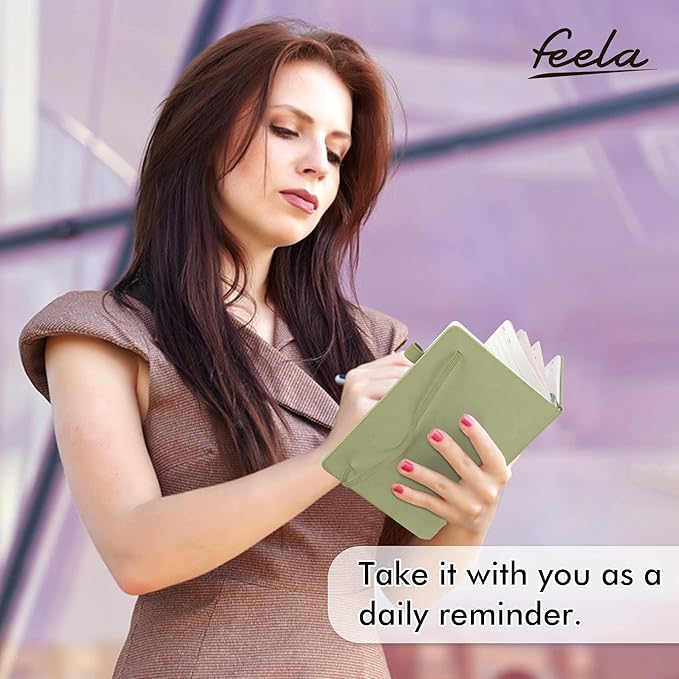 feela 5 Pack Notebooks Journals Bulk, Hardcover Classic Ruled Lined Journals with Pen Holder for Women Girls School Business Supplies, with 5 Black Pens, 120 GSM, 5.1”x8.3”, A5, Avocado Green