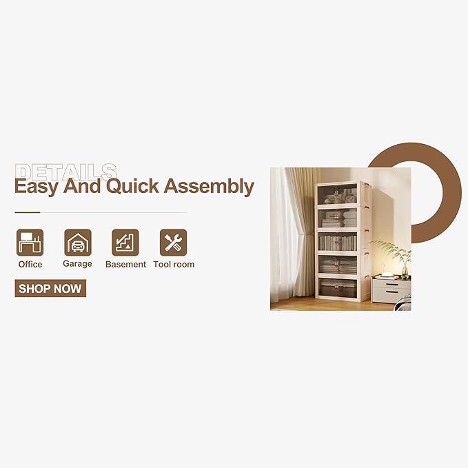 SAILUN 145Gal/580Qt Stackable Storage Bins Folding Collapsible Storage Bins with Lid, Closet Organizers and Storage Box with Door Beige 26" W x 17" D x 71" H