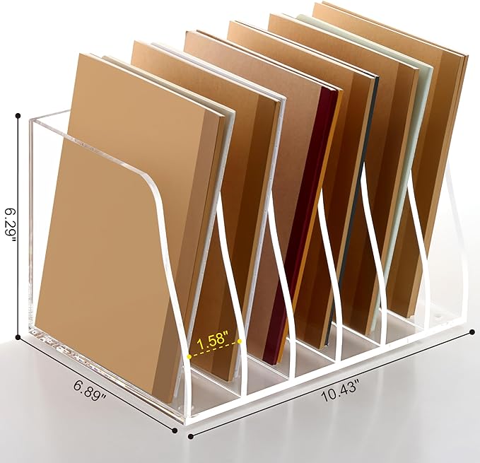SANRUI Acrylic Magazine File Holder, 6 Vertical Compartments Desk Document Sorter Organizer, Clear Folder Rack Binder Bookstore Workspace Sorters for Office Accessories Organization Storage
