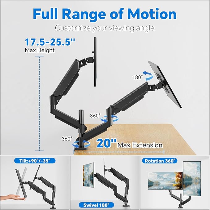 Simple Trending Dual Monitor Stand, Full Adjustable Monitor Mount, Gas Spring Monitors Arm for 13-32 inch Computer, VESA Mount with C-clamp & Grommet Mounting Holds Max 20 lbs Each, Freelift Black