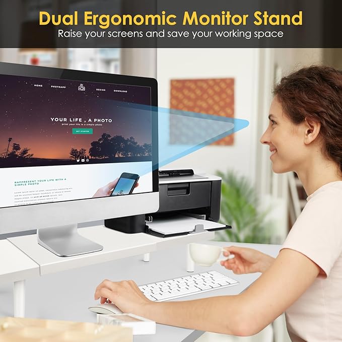 Dual-Monitor-Stand-Riser-For-Desk Adjustable Length 32-40 Inch,Large Desktop Computer Monitor Riser For 2 Screens,Desk Shelf Organizer Riser Stand For Computer/Laptop/PC/Printer/TV White