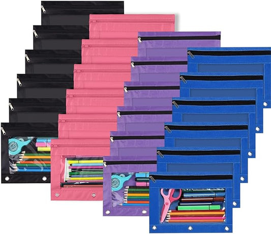 YoeeJob Pencil Pouch for 3 Ring Binder,Zipper Pencil Pouches Bulk,Pencil Case Pouch with Clear Window for Class, School, Office, 4 Colors-24 Packs
