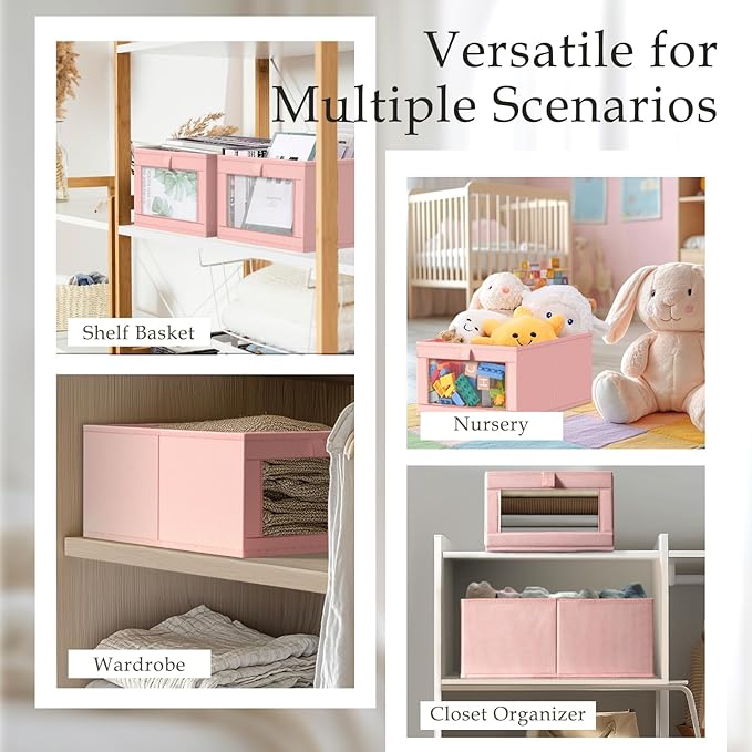 Criusia 4 Pack Linen Closet Organizers and Storage, Closet organizer Large Linen Closet Baskets for Organization, Foldable Storage Containers for Towels, Clothing, Jeans, Books, Shelves, Pink