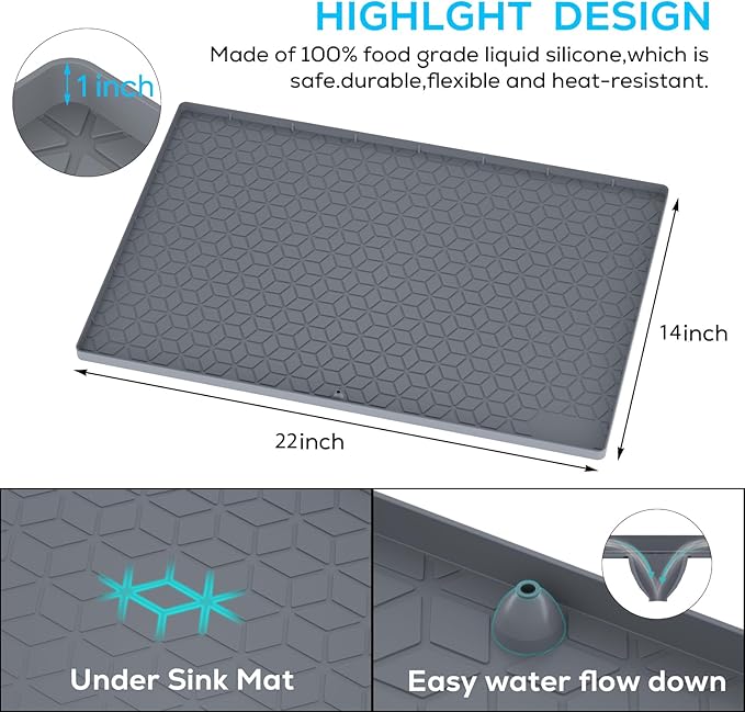 Under Sink Mat, 14"x22" Under Sink Mats for Kitchen, Silicone Waterproof Under Sink Liner, Sink Cabinet Organizer Tray with Drain Hole