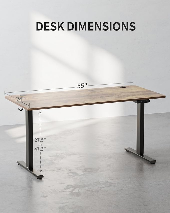 FEZIBO One-Piece Standing Desk Adjustable Height Stand up Home Office Desk, 55x24 Inch Electric Standing Computer Desk, with 4 Memory Presets, Fixable casters, Rustic Brown