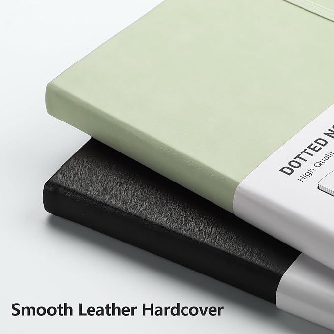RETTACY Bullet Dotted Journal Notebook, 2-Pack, 160 Numbered Pages per Pack, A5 Medium Size (5.7'' x 8.3''), 120 GSM Thick Paper, Leather Hardcover, for Bullet Journaling (Black & Light Green)
