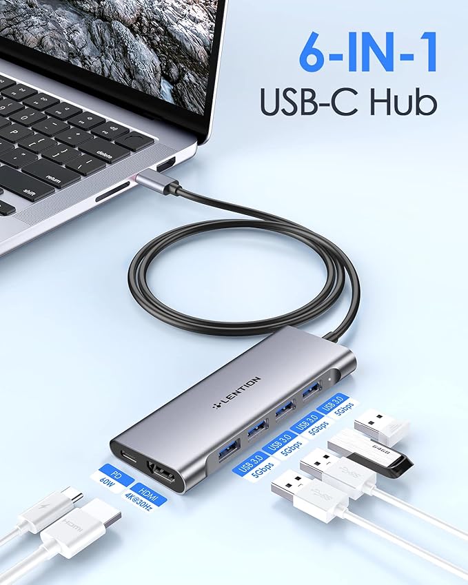 LENTION 3.3FT Long Cable USB C Multiport Hub with 4K HDMI, 4 USB 3.0, Type C Charging Compatible 2024-2016 MacBook Pro, New Mac Air/iMac/Mac Mini, More, Stable Driver Adapter (C35-1M, Space Gray)