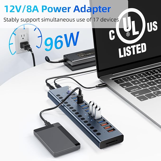 Powered USB Hub 10Gbps, 17 Ports 96W USB 3.2 Hub(10 USB-A 3.2 Ports+3 QC 24W Fast Charging Ports+2 USB-C 3.2 Ports+SD/TF Card Reader), 12V/8A Power Adapter for Laptop, PC, Computer, HDD,Flash Drive
