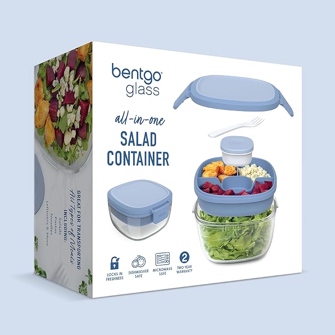 Bentgo Glass All-in-One Salad Container - Large 61-oz Salad Bowl with Lid, 4-Compartment Bento-Style Tray, 3-oz Sauce Container, and Reusable Fork - Dishwasher, Microwave, and Oven Safe (Light Blue)
