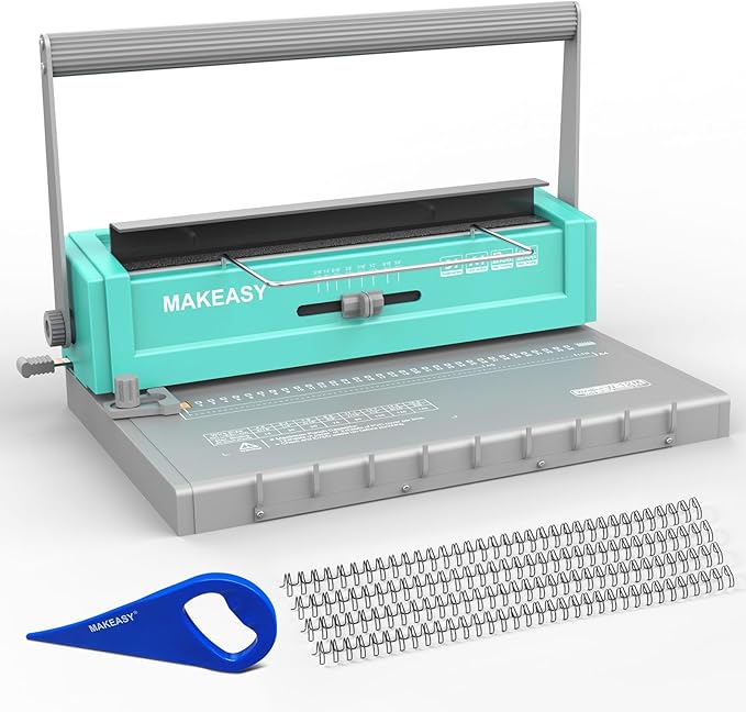 MAKEASY Binding Machine - Wire Binding Machine, 34 Hole, 12 Sheets Punch Capacity, Metal Book Maker Machine with 1 Box Wire Spines & Ring Opener