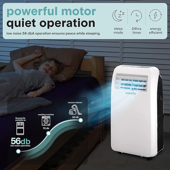 SereneLife SLPAC12.5 SLPAC 3-in-1 Portable Air Conditioner with Built-in Dehumidifier Function,Fan Mode, Remote Control, Complete Window Mount Exhaust Kit, 12,000 BTU, White