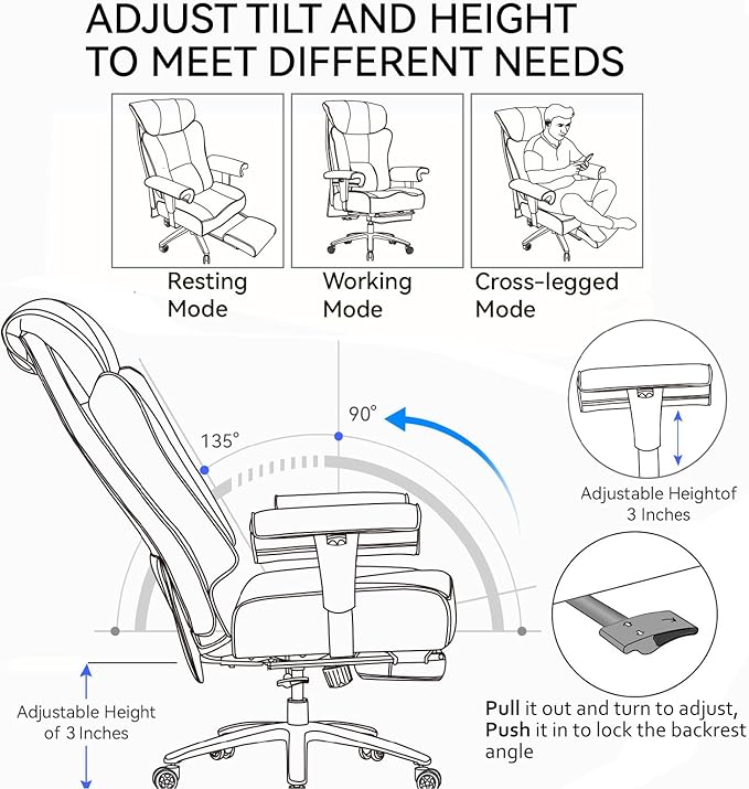 Efomao Big and Tall Office Chair 450LBS with Foot Rest, High Back PU Leather Executive Chair with Adjustable Padded Armrests, Lumbar Support for Home or Work, Heavy Duty Computer Chair, Grey