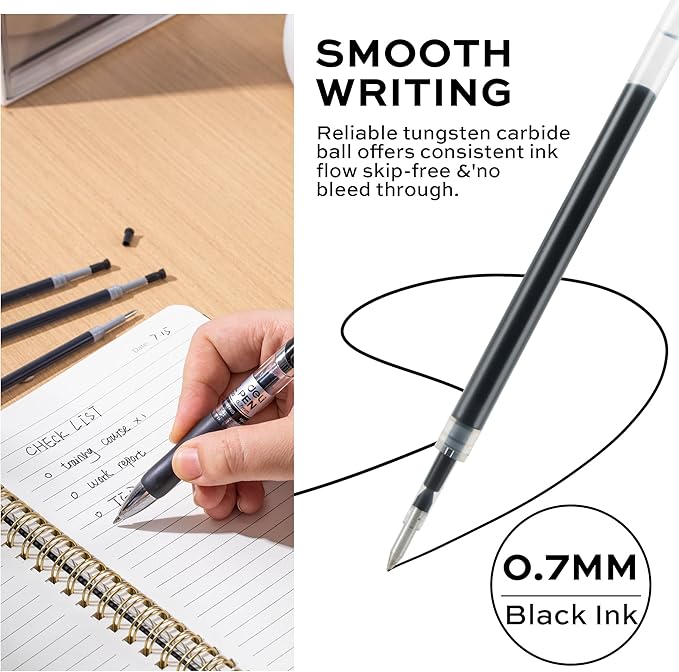 deli Gel Pen Refills, 30 Pcs Retractable Pen Refills Black Ink, Medium Point 0.7mm, Smooth Writing, Fast Dry, No Bleed for Journaling Note Taking, Home School Office Supplies