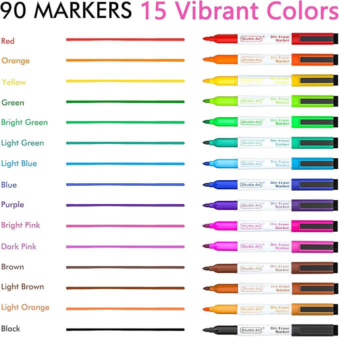 Shuttle Art Dry Erase Markers, 90 Bulk Pack 15 Colors Magnetic Whiteboard Markers with Erase, Fine Point Dry Erase Markers are Perfect for Writing on Whiteboard Mirrors Glass for School Office