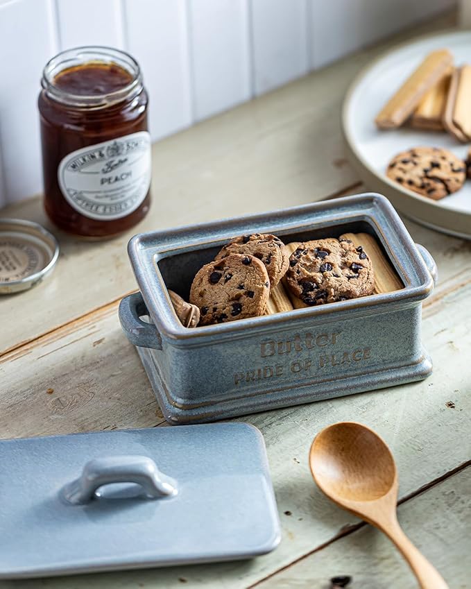 Butter Dish with Lid, Ceramic Butter Holder Container Large Butter Dish for Countertop Farmhouse Thanksgiving Christmas Decor Butter Keeper for East West Coast Butter, Gray