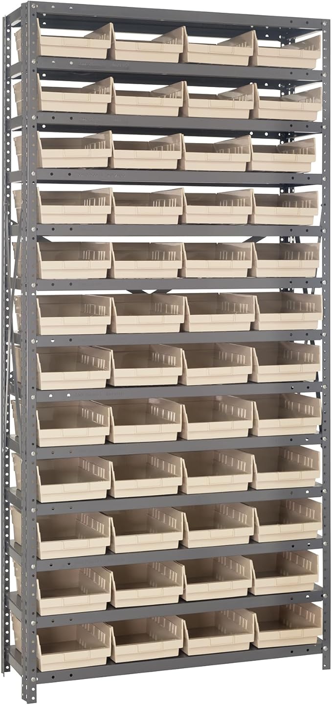 Quantum Storage Systems 1875-108IV Steel Shelving Unit with 4" Shelf Bins, 18" D x 36" W x 75" H, Ivory