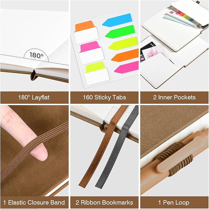 Lined Journal Notebook, 3 Pack A5 College Ruled Notebooks for Work, Hardcover Notebook Each with 2 Pockets & Pen, Leather Journal for Women, Men, 160 Pages, 100GSM Thick Paper ( Brown 5.7" x 8.3" )