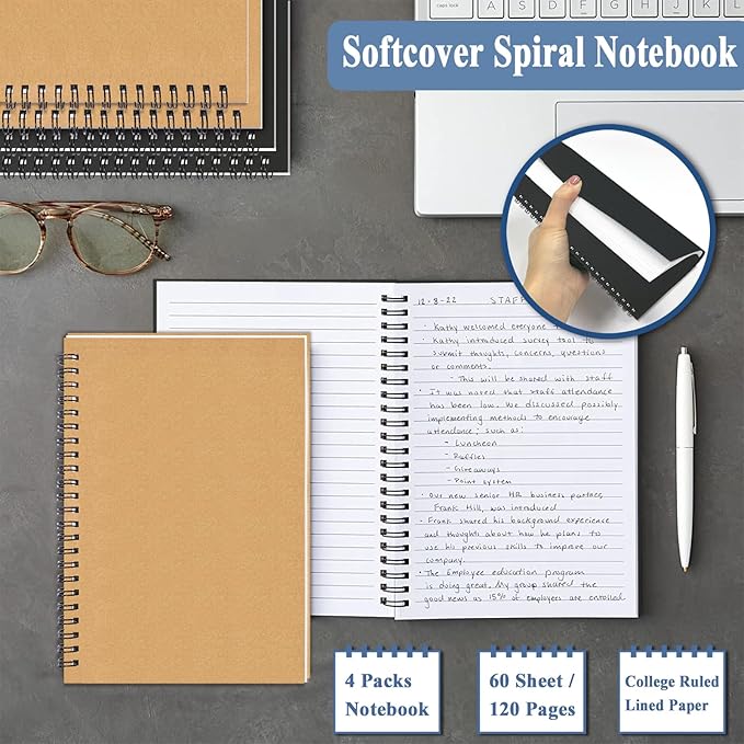 12Pack Small Spiral Notebook A5, 8.25x5.5” 120 Lined Pages Black & Brown Wide Ruled Spiral Journal Bulk Blank Kraft Cover Spiral Bound Notebook & Writing Pads for Home Office Meeting Work Note Taking