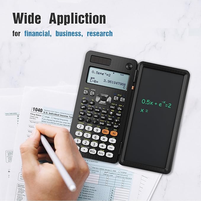 Scientific Calculators for Students 991ES Office Calculators Desktop, ROATEE 4-Line Display Calculator with Erasable LCD Writing Tablet, Solar Battery Power with Notepad Calculator for School