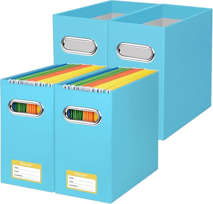 BALEINE File Organizer Box, Cardboard File Folder Organizer with Handle for Letter Size, Portable Collapsible Hanging Filing Box for Home Office Document Storage (4 Pack, Blue)