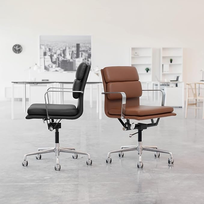 Laura Davidson Furniture SOHO II Padded Management Office Chair - Mid Back Desk Chair with Arm Rest, Swivel & Cushion Availability, Made of Faux Leather, Orange, Computer Chair