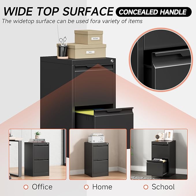 Metal Filing Cabinet With Lock, Vertical 2 Drawer Cabinet for Home Office/Legal/Letter/A4, Lockable for Hanging Files - Assembly Required/Black