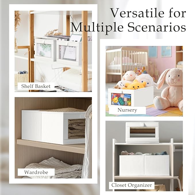 Criusia 4 Pack Closet Organizers and Storage, Large Linen Closet Baskets for Organization, Foldable Storage Containers for Towels, Clothing, Jeans, Books, Shelves, White