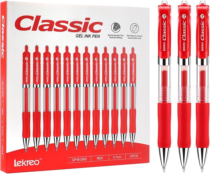 Classic Retractable Gel Roller Pens, 0.7mm Fine Point, Red Ink (Red - 12 Packs)