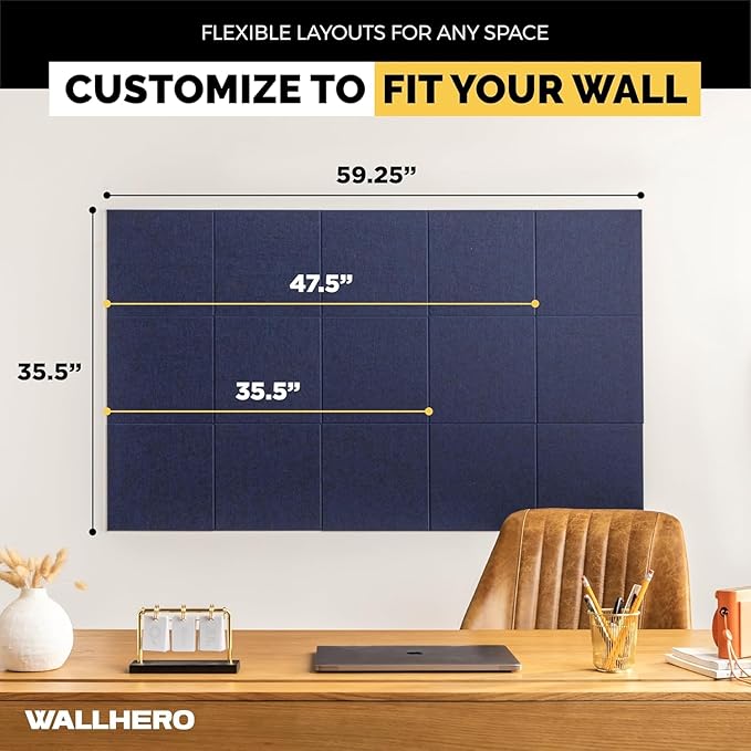 Large Cork Board Alternative | 15 Pack | Sizing Up to 59βx36β, Felt Wall Tiles, Office Wall Decor, Large Cork Boards for Walls, Corkboard, Cork Board for Office, Pin Board, Blue