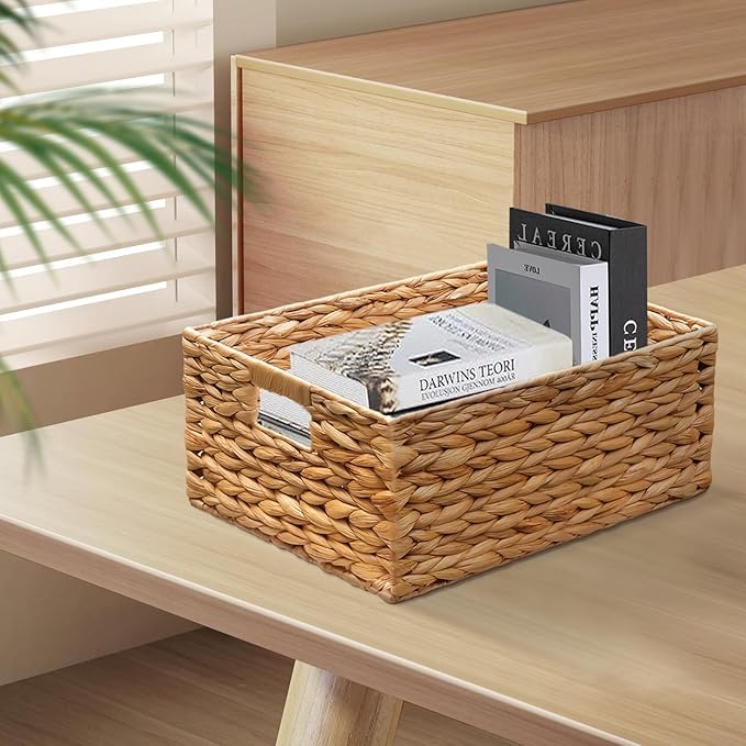 3 Pack Natural Water Hyacinth storage basket with Handle, Rectangular Wicker Basket for Organizing, Decorative Wicker Storage Basket for Living Room, 3 Mixed Sizes