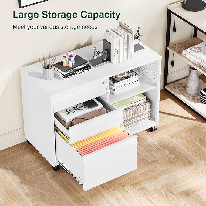 3 Drawer Metal File Cabinet with Lock,Mobile Lateral Filing Cabinet,Printer Stand Storage Cabinets with Shelves for Home Office(White)