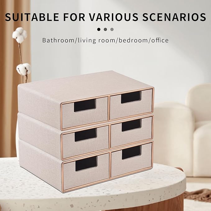 Linen Leather Desk Organizer with Drawers-Mini Desktop Drawer Organizer Stackable-Multifunctional Tabletop Organization Storage Box for Office Supplies Home Vanity Toiletries (Beige, 2-drawers)
