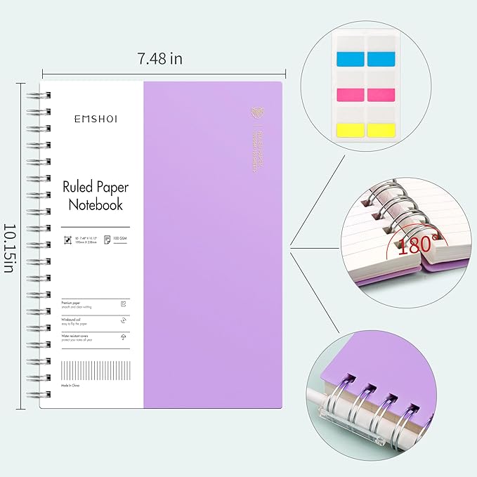 EMSHOI B5 Spiral Notebook College Ruled Lined Journal, Large 7.48" X 10.15", 300 Pages/150 Sheets, 100gsm Thick Paper, Waterproof Hardcover, for Office School Women Men Work Writing Notes-Purple