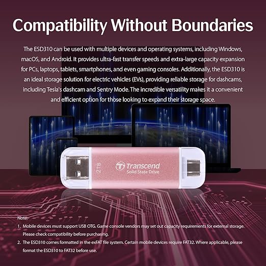 Transcend 1TB External SSD, Up to 1,050MB/s, USB 3.2 Gen 2 Portable SSD, 2-in-1 Type C &Type A, USB Hard Drive for Steam Deck, ROG Ally, MSI Claw, Windows&Mac, iPhone&iPad, Android, PS5&Xbox, Smart TV