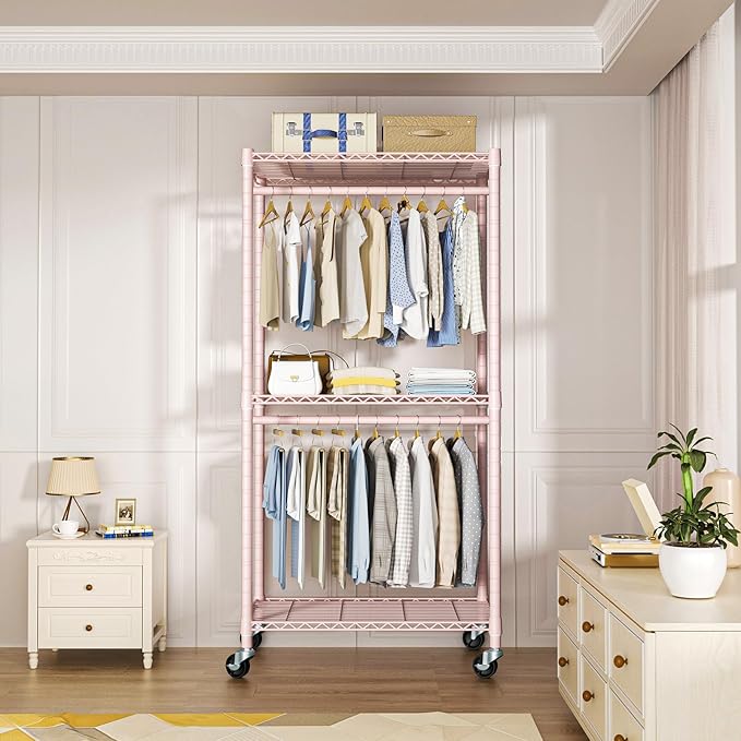 P1 Medium Heavy-Duty Portable Closet, 30" W x 14" D x 76" H, Metal Rolling Clothing Rack, Pink