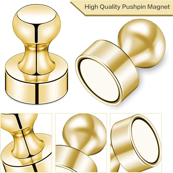 LOVIMAG Refrigerator Magnets, Fridge Magnets, Strong Whiteboard Magnets, Gold 50 Pcs Magnetic Push Pins, Strong Metal Magnets for Fridge, Whiteboard, Office, Classroom, Map, Kitchen
