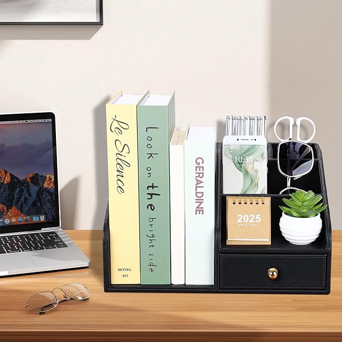GORESE PU Leather Desk Organizer, File Organizer with Drawer and 4 Compartments, Desktop Organization with Magazine file Holder for Office Supplies, Elegant Gift for Men Who Have Everything, Black