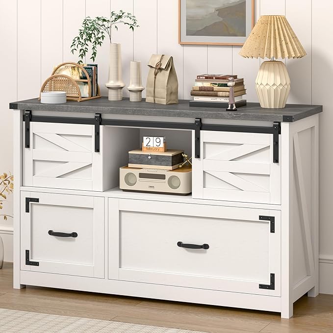 Lateral File Cabinets 2 Drawer with Sliding Barn Doors, Farmhouse Filing Cabinet with 2 Drawer for Home Office,Filing Organization Storage Cabinets for Hanging Files Letter/Legal/F4/A4.(Dark Grey.)