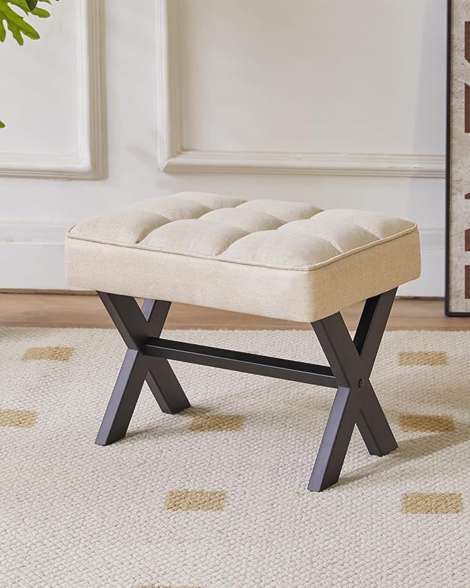 IBUYKE Small 12" H Footrest Stool, Square Linen Foot Stool with Metal X-Leg, Multi-Use as Small Side Table, Step Stool for Living Room, Bedroom, Entryway, Office, Linen WBD011Y