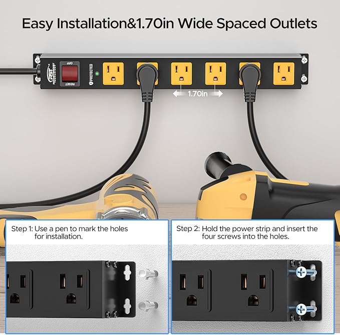 CRST 2Pack 6 Outlet Surge Protector Power Strip 2100J with Switch, 15A/1875W Heavy Duty Mountable Power Strip, Wide Spaced Power Bar for Garage Worshop Home School, 6 FT Cord( Black+Yellow)