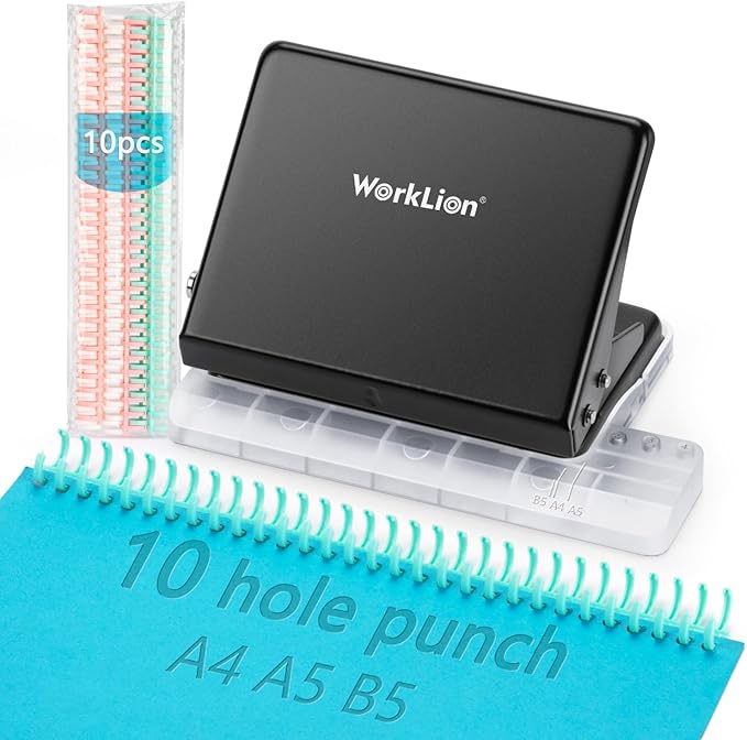 Binding Machine for Planner: WORKLION Metal 10 Hole Punch&Multi Color 30 Hole Loose Leaf Binder Rings(10 pcs) for Making 26 Holes on B5 Paper, 30 Holes on A4, 20 Holes on A5 Book, Black