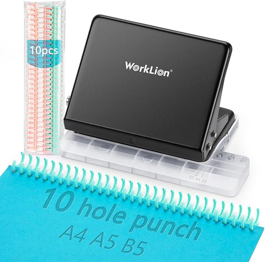 Binding Machine for Planner: WORKLION Metal 10 Hole Punch&Multi Color 30 Hole Loose Leaf Binder Rings(10 pcs) for Making 26 Holes on B5 Paper, 30 Holes on A4, 20 Holes on A5 Book, Black