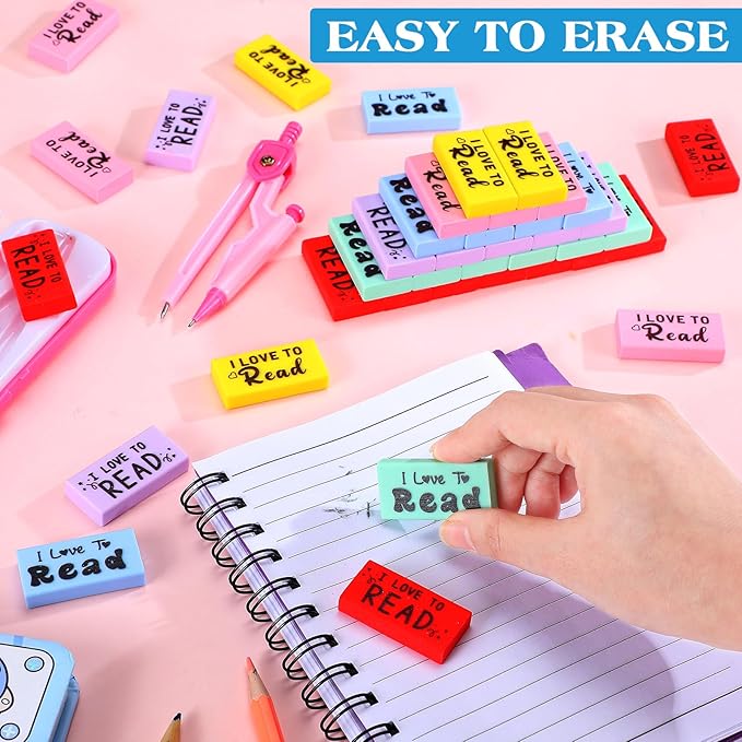 100 Pcs Inspirational Erasers for Kids Back to School Gifts I Love to Read Small Colorful Pencil Erasers for Students Classroom Cute Motivational Gift for Drawing School Office Supplies