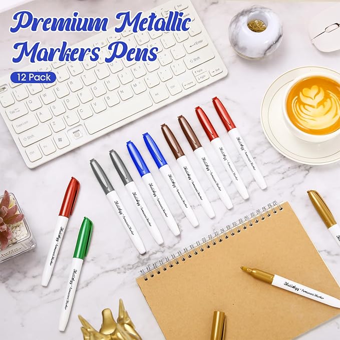 12 Pcs Metallic Permanent Markers Bulk Gold Silver Metallic Pens Fine Point Paint Markers for DIY Crafts Gift Card Making Artist Illustration(Multicolor)