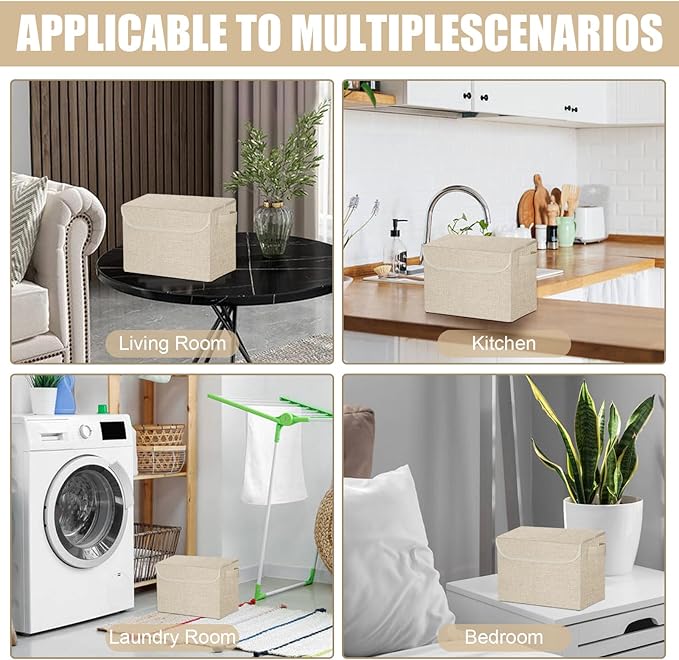 Small 8 Quart Linen Fabric Foldable Storage Bin Cube Organizer Basket with Lid & Handles, Collapsible Decorative Box Container for Home, Dorm, Closet, Beige, 10"x8"x6", 6-Pack