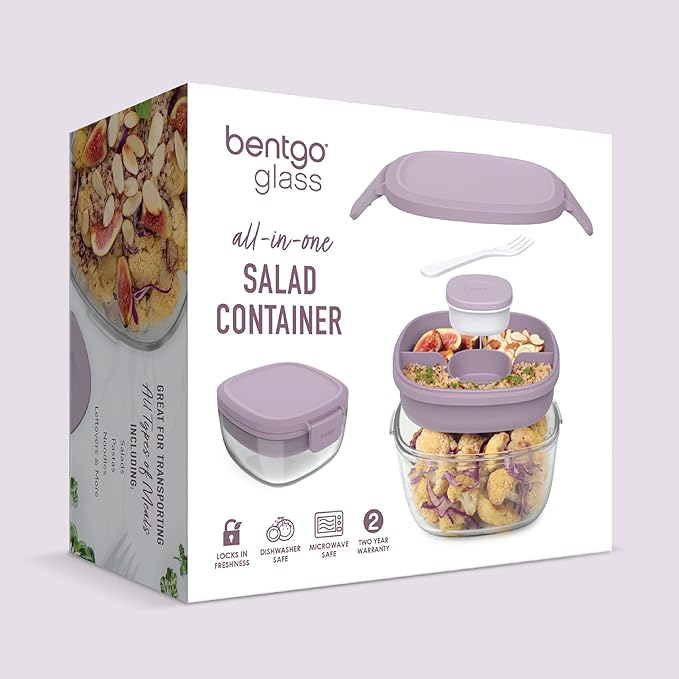 Bentgo Glass All-in-One Salad Container - Large 61-oz Salad Bowl with Lid, 4-Compartment Bento-Style Tray, 3-oz Sauce Container, and Reusable Fork - Dishwasher, Microwave, and Oven Safe (Lavender)