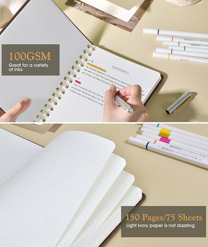 Dotted Spiral Journal Notebook, A5 Hardcover Spiral Journals for Women Men, 100 GSM Dot Grid Paper Notebooks, 150 Pages Spiral Bullet Dotted Notebook for Writing Note Taking 5.75" x 8.38", Dark Brown