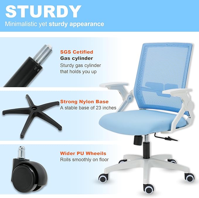 Ergonomic Office Chair Desk Chair with Adjustable Height Mesh Computer Chair Swivel Chair with Flip-up Arms and Lumbar Support Blue