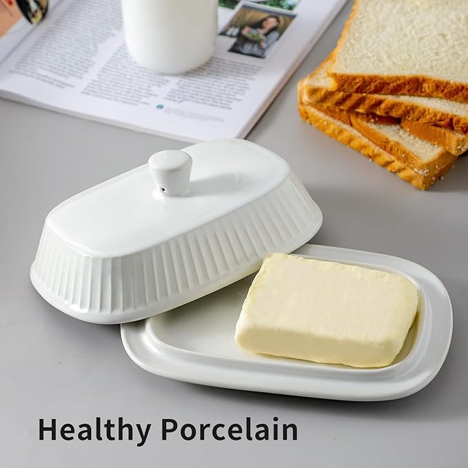 Hasense Porcelain Butter Keeper, Butter Dish with Lid, Large Butter Containe with Cover, Butter Holder for West East Coast Butter, Kitchen Decor, Housewarming Gift, White
